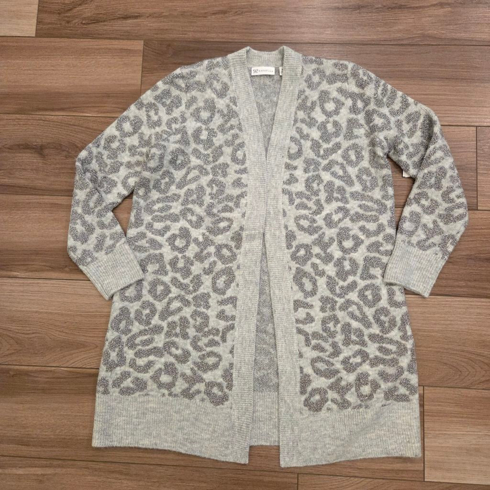 Rafaella Open Front Cardigan Metallic Gray Leopard Print size medium